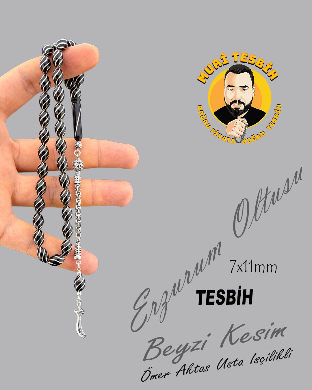 Oltu Taşı Beyzi Kesim Tesbih (7x11mm)