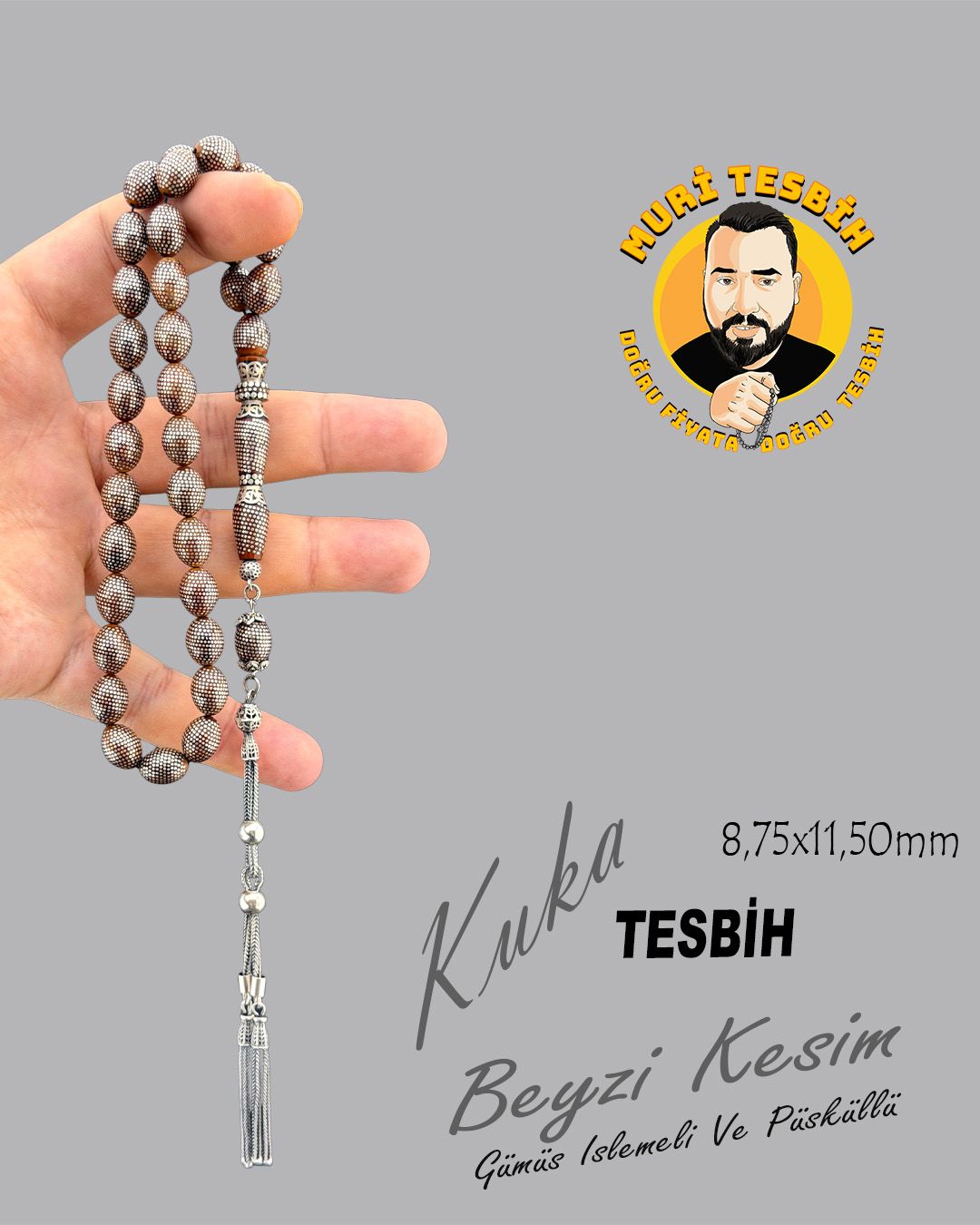 Gümüş Beyzi Kesim Tesbih (8,75x11,50mm)