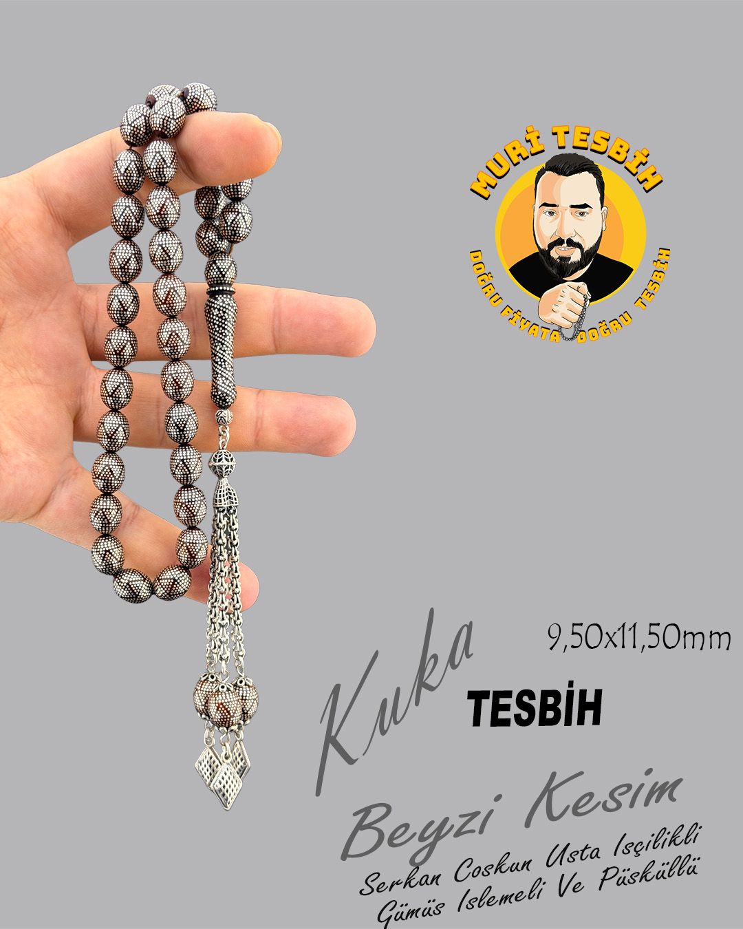 Gümüş Beyzi Kesim Tesbih (9,50x11,50mm)