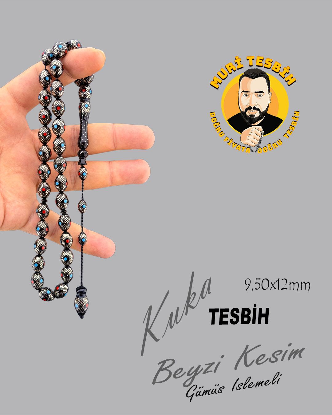 Gümüş Beyzi Kesim Tesbih (9,50x12,50mm)