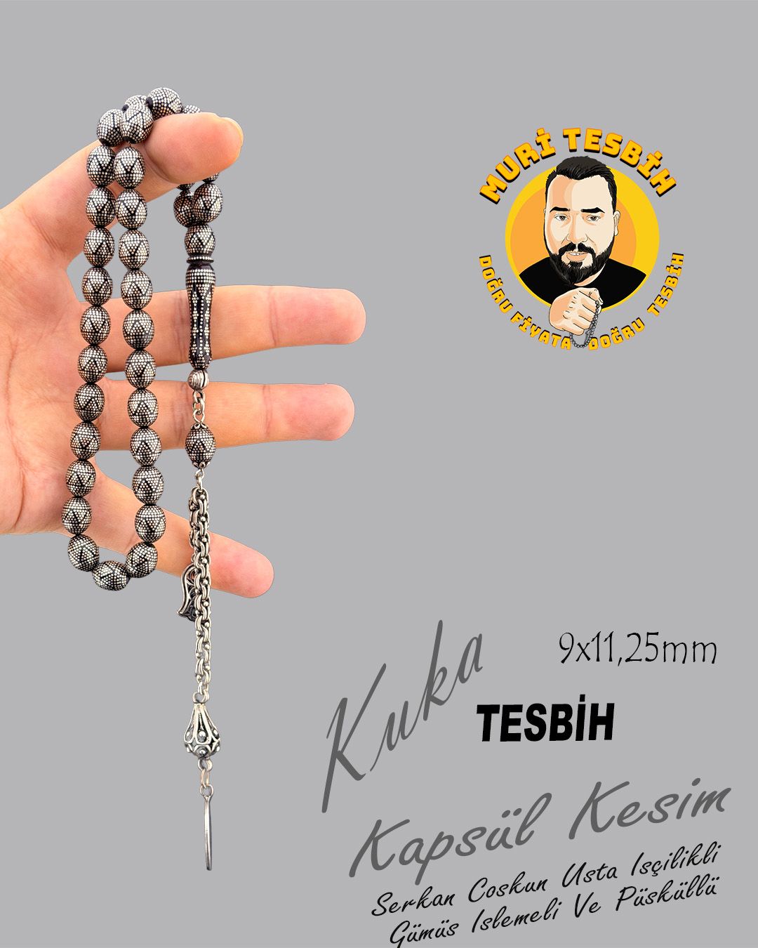 Gümüş Beyzi Kesim Tesbih (9x11,25mm)