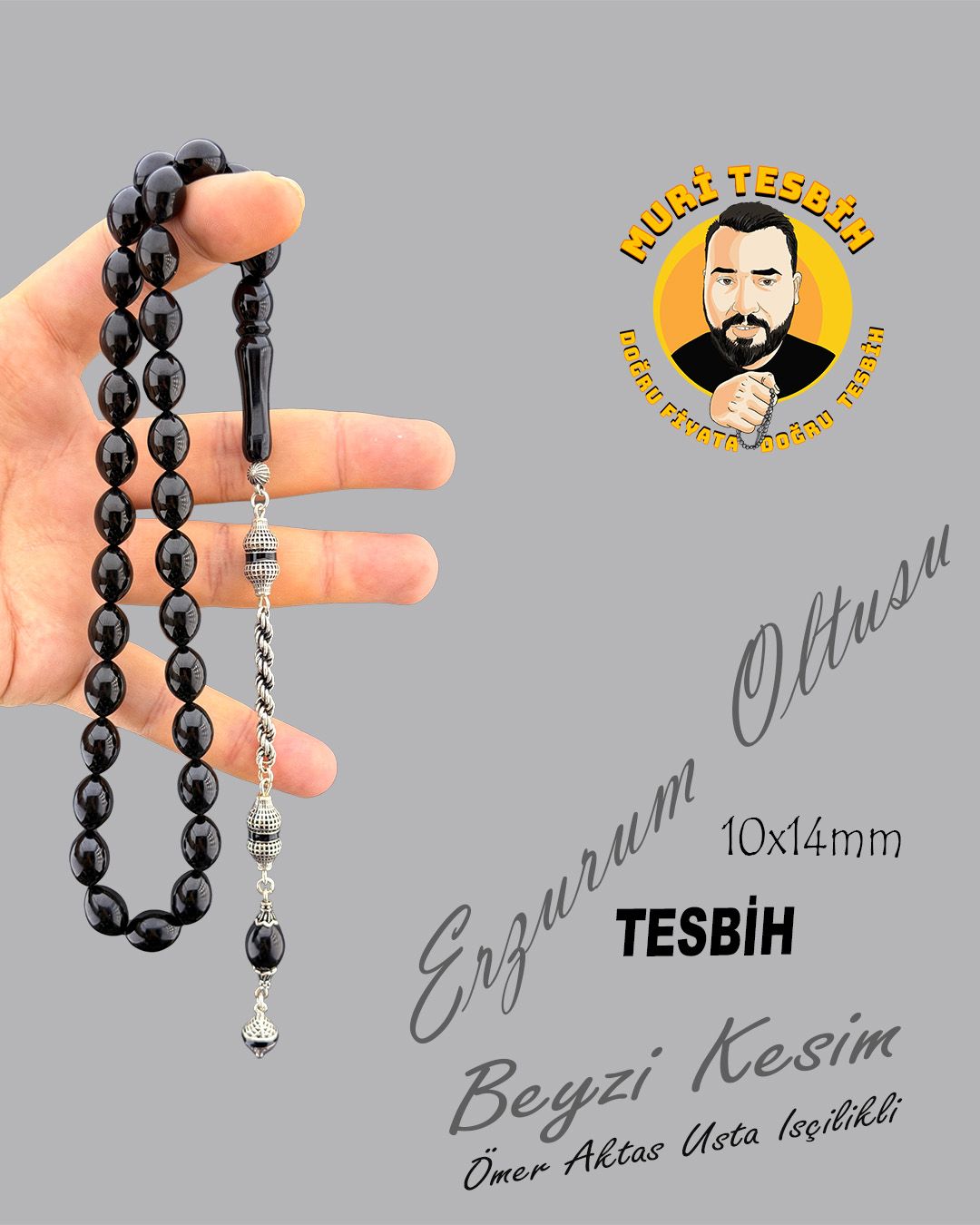 Oltu Taşı Beyzi Kesim Tesbih (10x14mm)