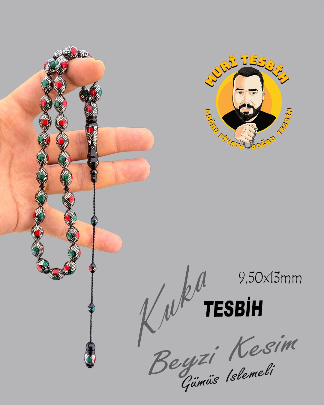 Gümüş Beyzi Kesim Tesbih (9,50x13mm)