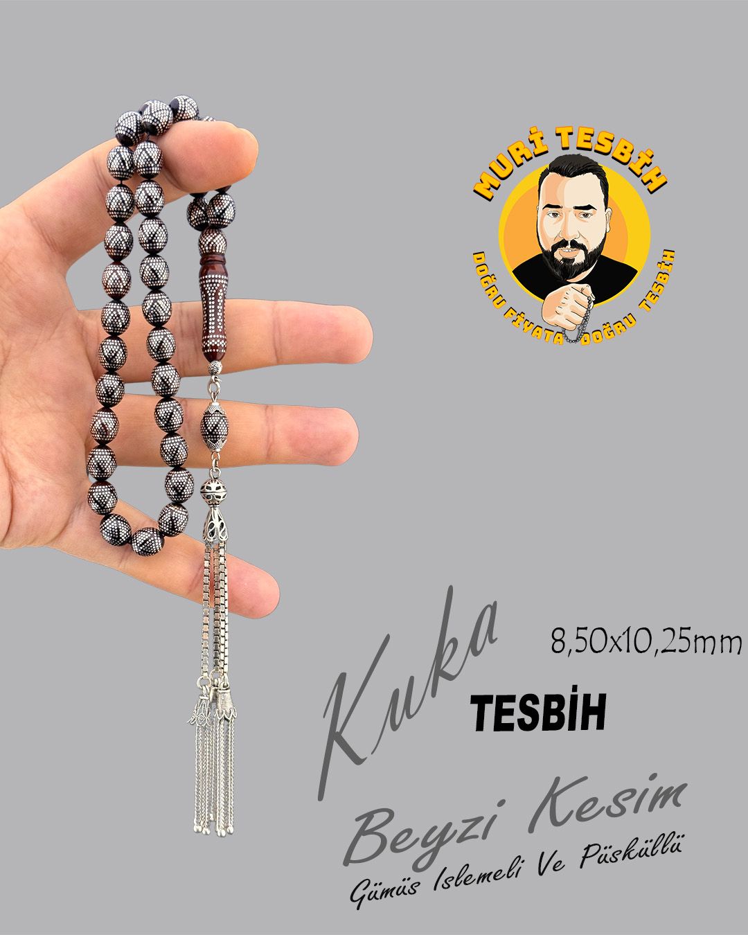 Gümüş Beyzi Kesim Tesbih (8,50x10,25mm)