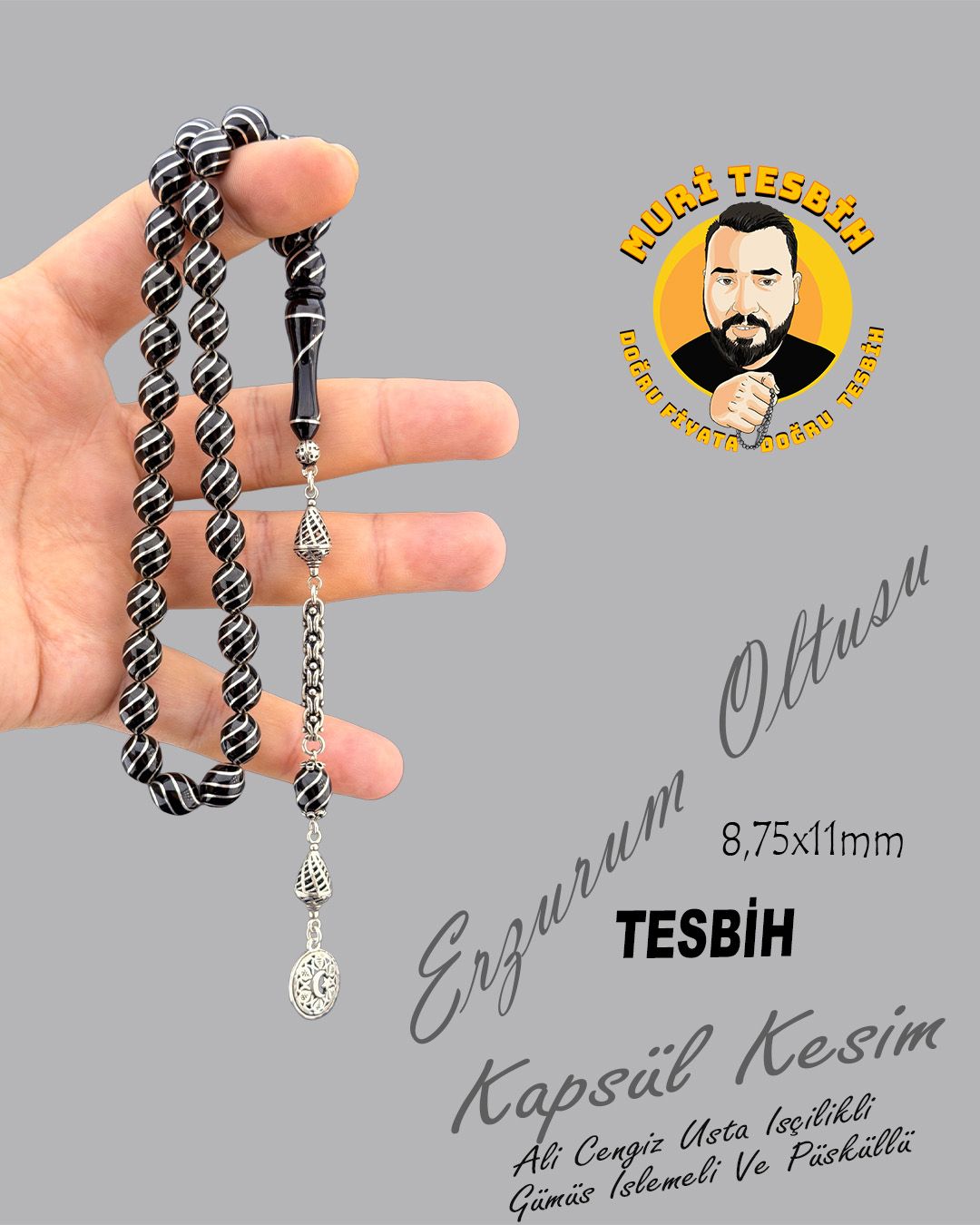 Oltu Taşı Beyzi Kesim Tesbih (8,75x11mm)