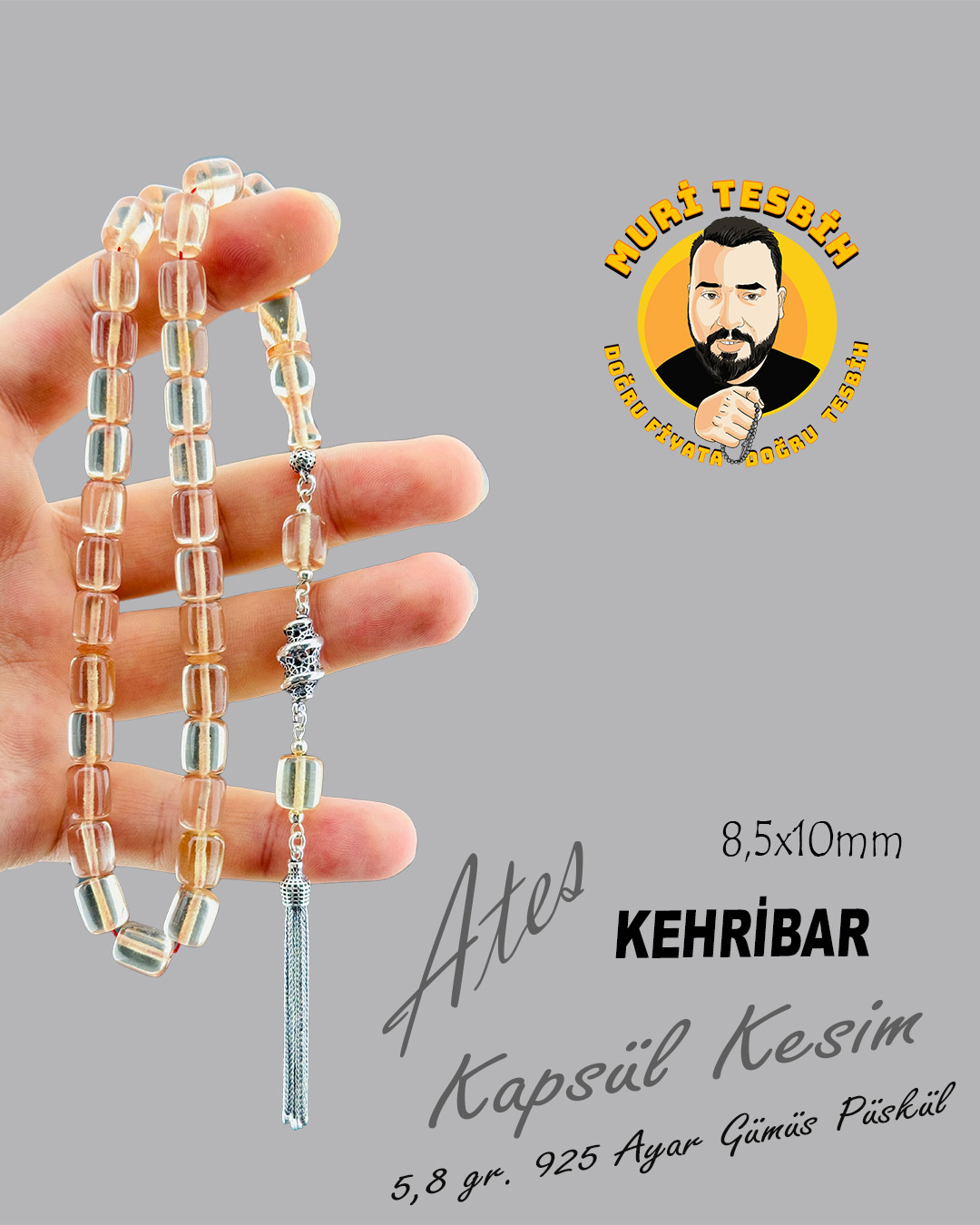 5,8 GR 925 AYAR GÜMÜŞ PÜSKÜL ATEŞ KEHRİBAR KAPSÜL KESİM 8,50X10