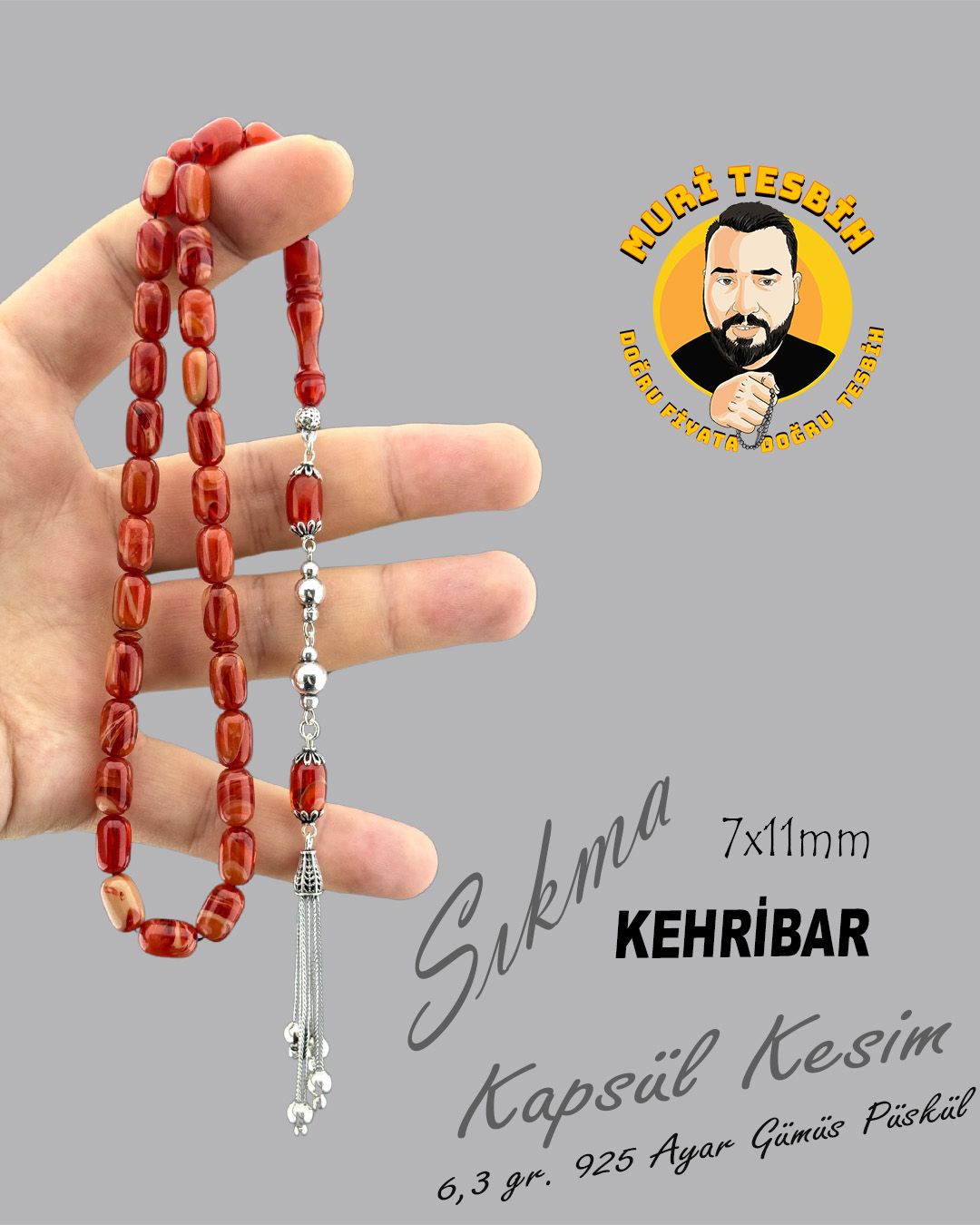 6,3 GR 925 AYAR GÜMÜŞ PÜSKÜL SIKMA KEHRİBAR KAPSÜL KESİM 7X11