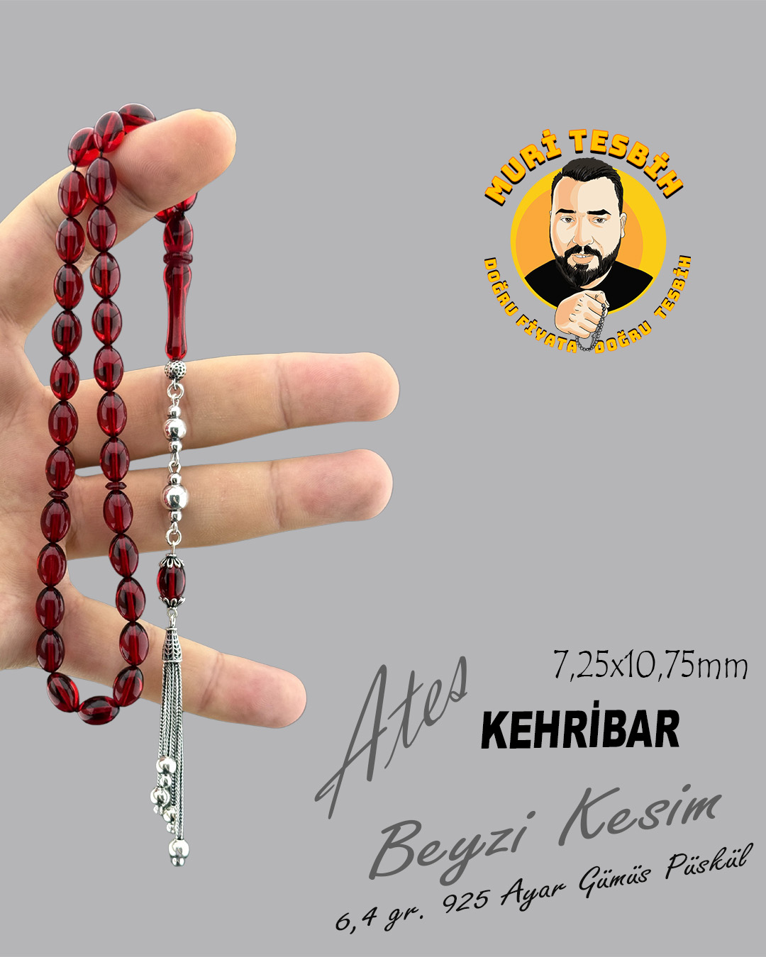 6,4 GR 925 AYAR GÜMÜŞ PÜSKÜL ATEŞ KEHRİBAR BEYZİ KESİM 7,25X10,75