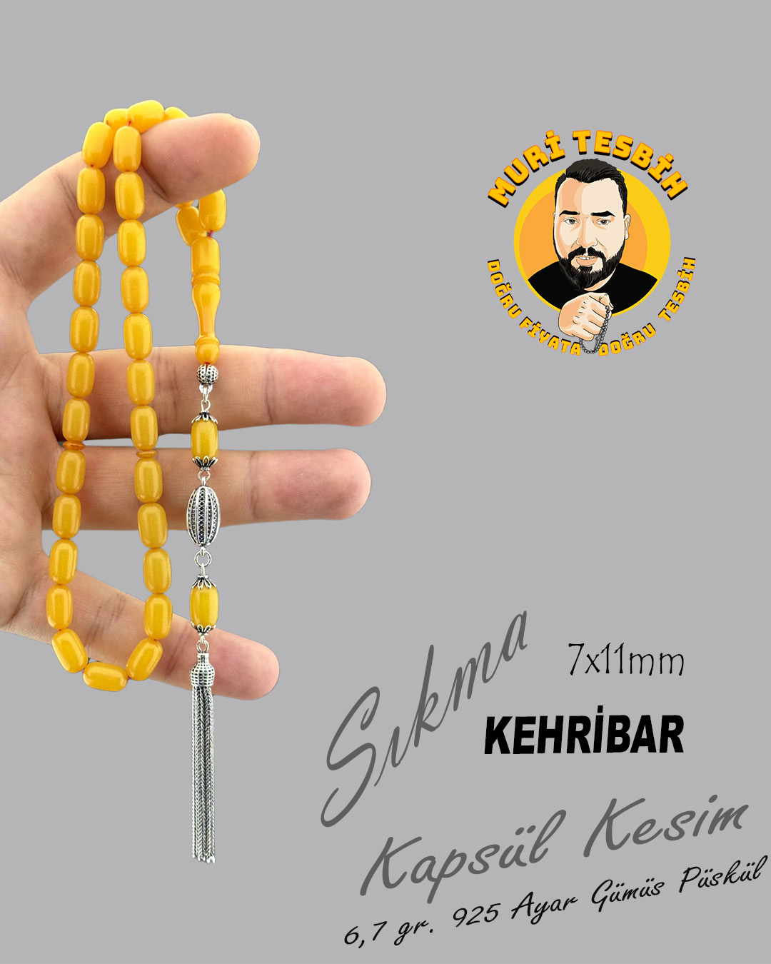 6,7 GR 925 AYAR GÜMÜŞ PÜSKÜL SIKMA KEHRİBAR KAPSÜL KESİM 7X11