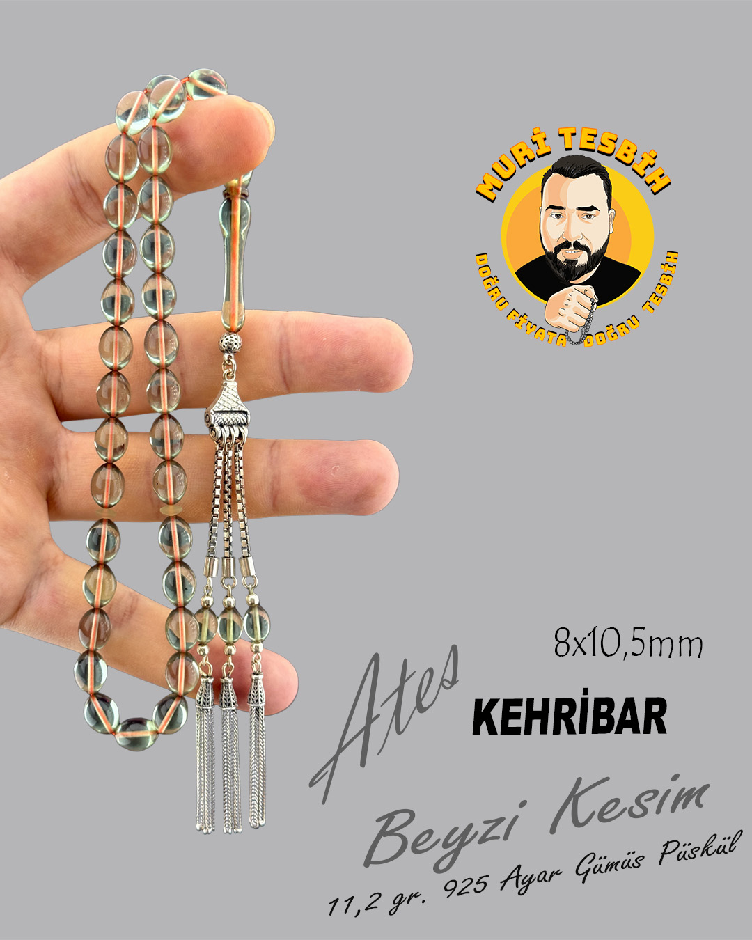11,2 GR 925 AYAR GÜMÜŞ PÜSKÜL BATUHAN UZUNGİL ATEŞ KEHRİBAR BEYZİ KESİM 8X10,50
