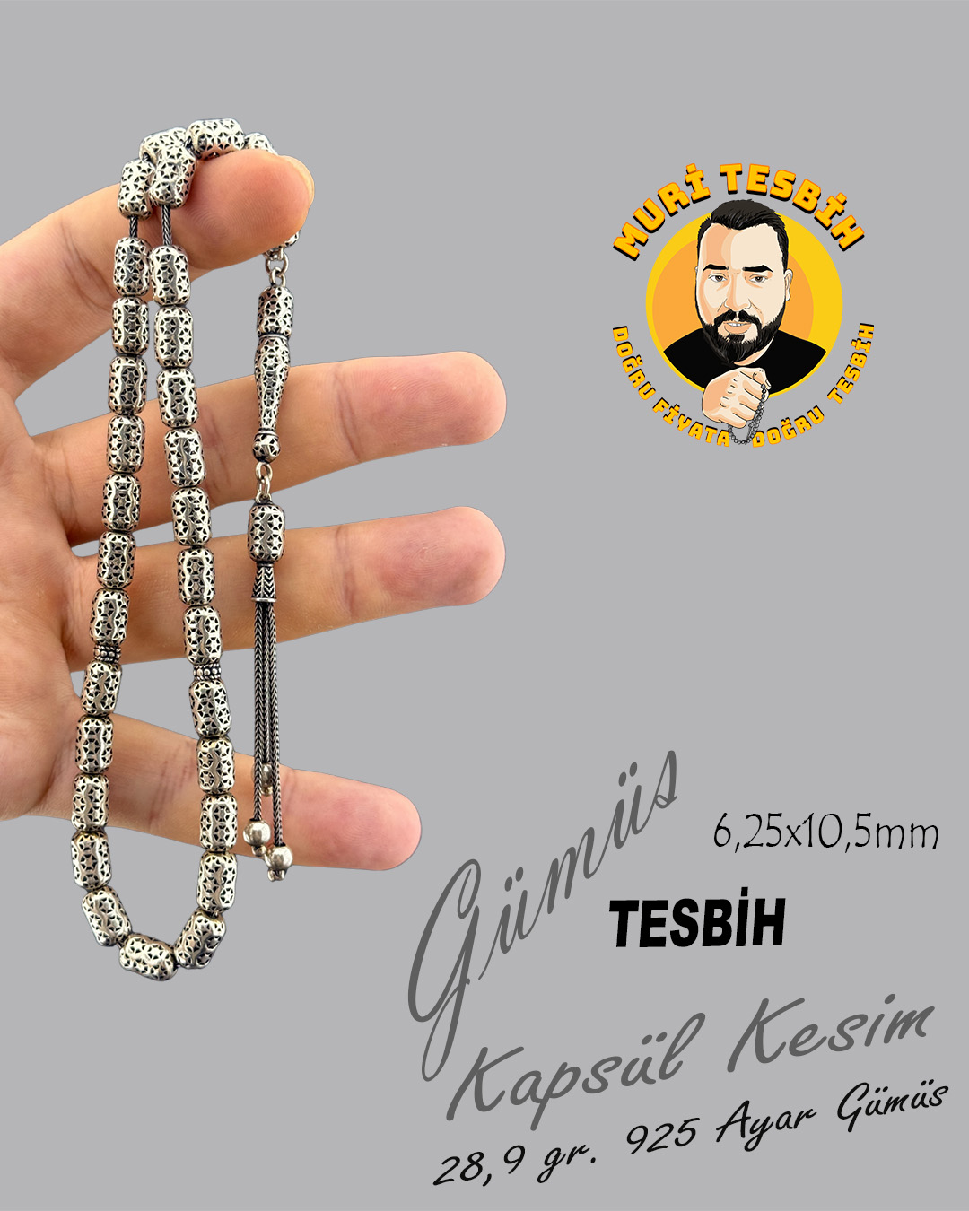 28,9 GR 925 AYAR GÜMÜŞ TESBİH KAPSÜL KESİM 6,25X10,5mm