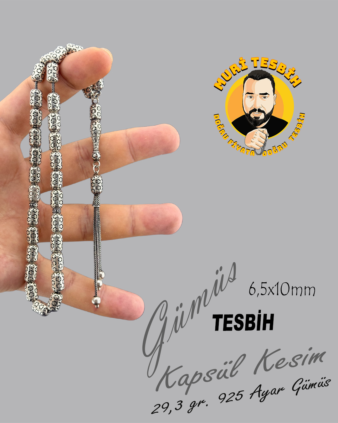 29,3 GR 925 AYAR GÜMÜŞ TESBİH KAPSÜL KESİM 6,5X10mm