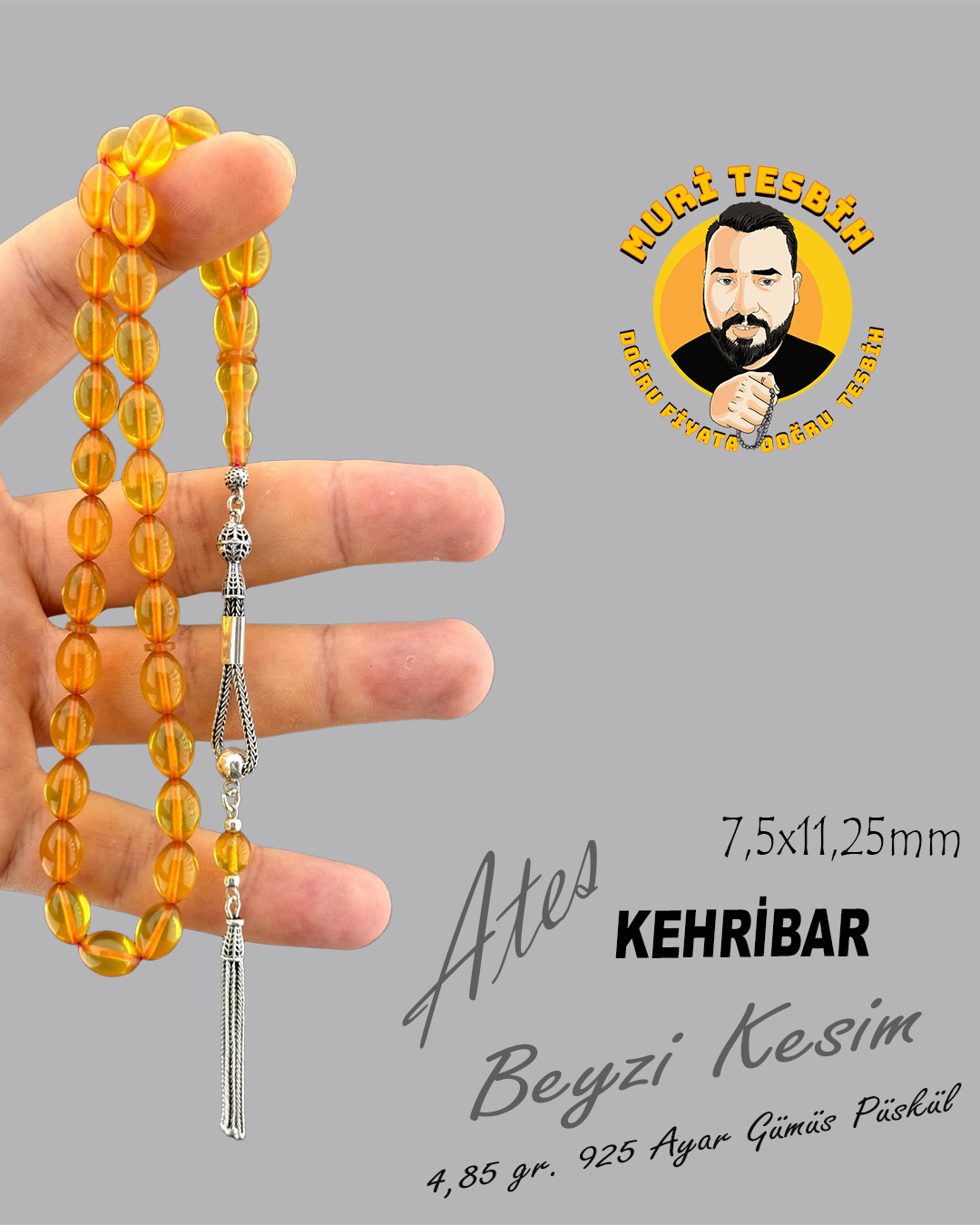 4,85 GR 925 AYAR GÜMÜŞ PÜSKÜL ÇUBUK MALZEME ATELŞ KEHRİBAR BEYZİ KESİM 7,5X11,25mm