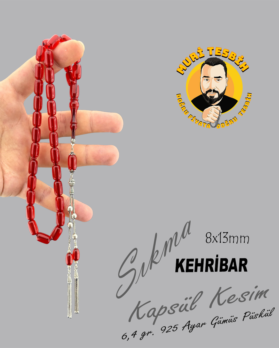 6,4 GR 925 AYAR GÜMÜŞ PÜSKÜL SIKMA KEHRİBAR KAPSÜL KESİM 8X13