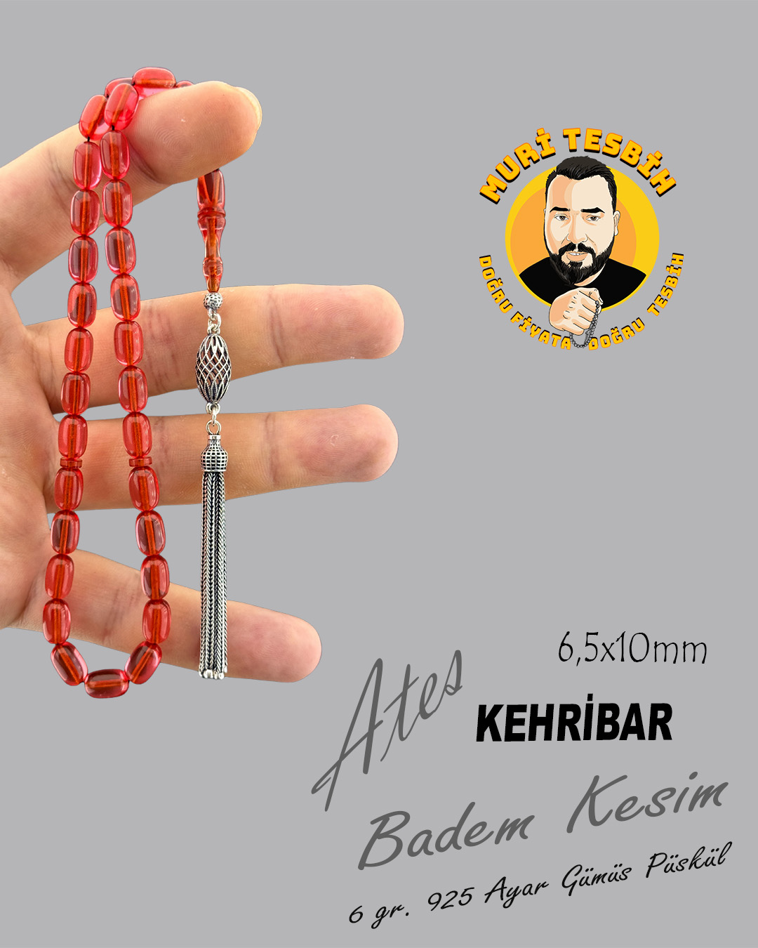 6 GR 925 AYAR GÜMÜŞ PÜSKÜL ATEŞ KEHRİBAR TESBİH BADEM KESİM  6,5X10mm