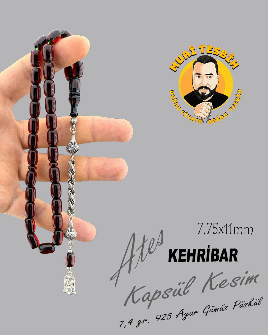 7,4 GR 925 AYAR GÜMÜŞ PÜSKÜL ATEŞ KEHRİBAR KAPSÜL KESİM 7,5X11