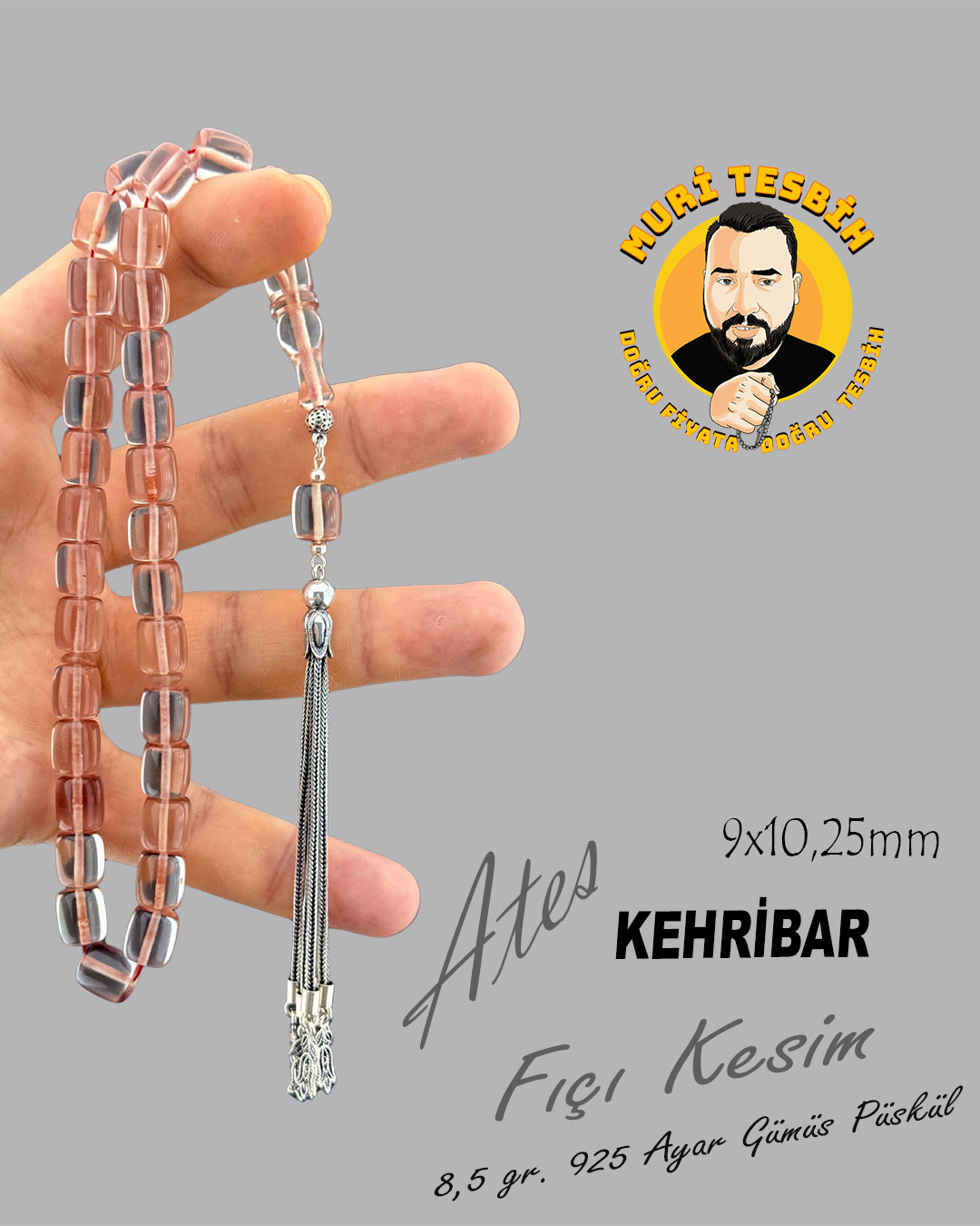 8,5 GR 925 AYAR GÜMÜŞ PÜSKÜL ATEŞ KEHRİBAR TESBİH FIÇI KESİM 9X10,25mm
