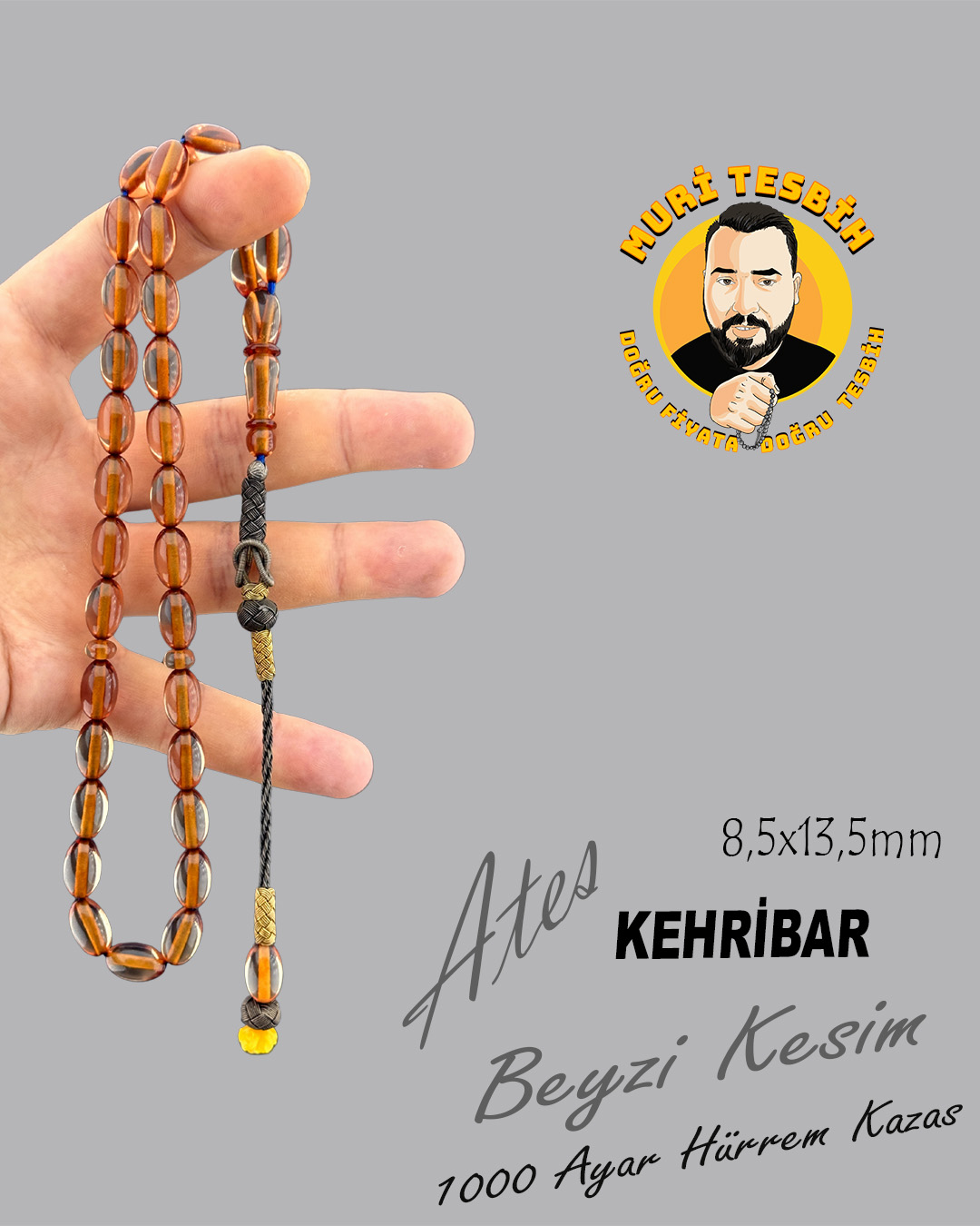 ÇUBUK ATEŞ KEHRİBAR TESBİH 1000 AYAR HÜRREM KAZAS BEYZİ KESİM 8,5×13,5mm