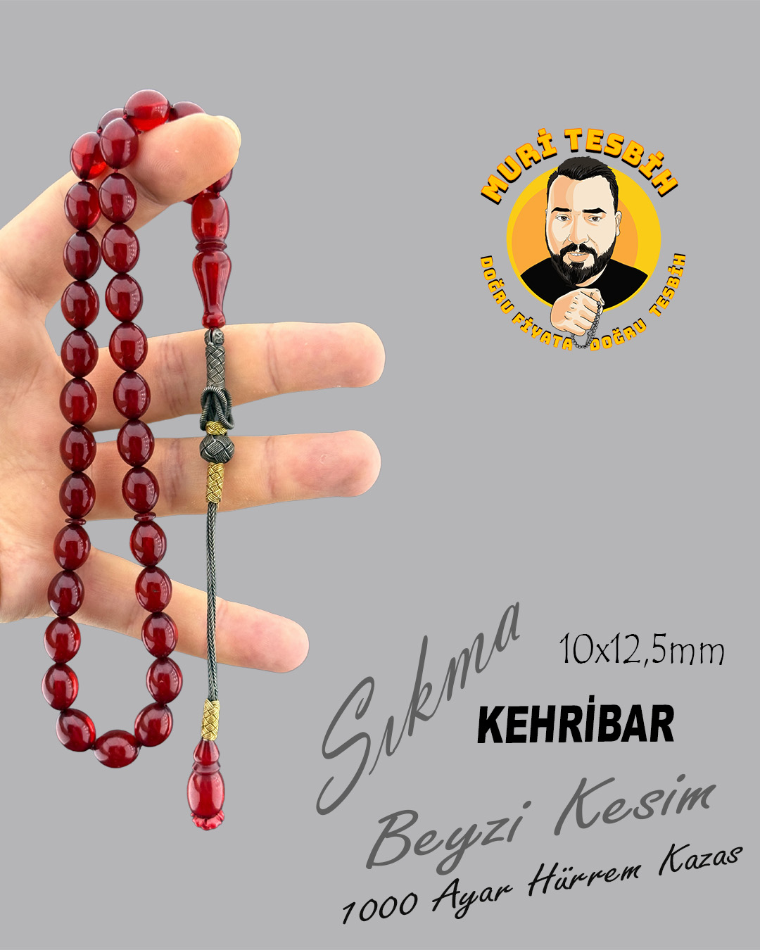 ÇUBUK SIKMA KEHRİBAR TESBİH 1000 AYAR HÜRREM KAZAS BEYZİ KESİM 10X12,5mm