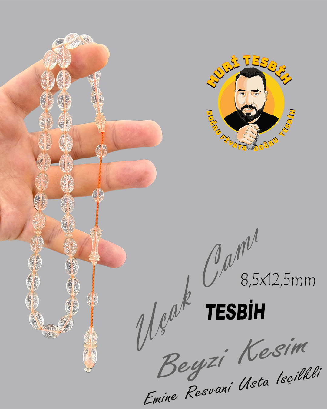 EMİNE REŞVANİ SİMLİ UÇAK CAMI TESBİH BEYZİ KESİM 8,5X12,5mm