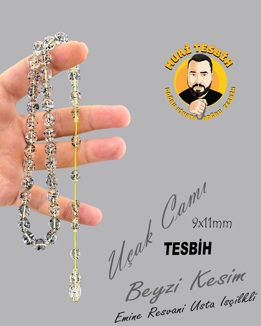 EMİNE REŞVANİ SİMLİ UÇAK CAMI TESBİH BEYZİ KESİM 9X11mm