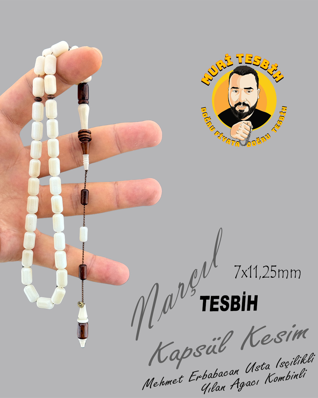 MEHMET ERBABACAN YILAN AĞACI KOMBİNLİ NARÇIL TESBİH KAPSÜL KESİM 7X11,25mm