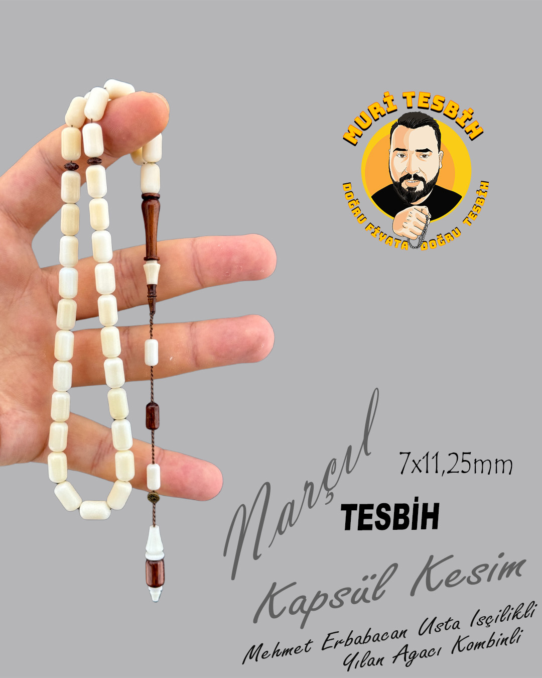 MEHMET ERBABACAN YILAN AĞACI KOMBİNLİ NARÇIL TESBİH KAPSÜL KESİM 7X11,25mm