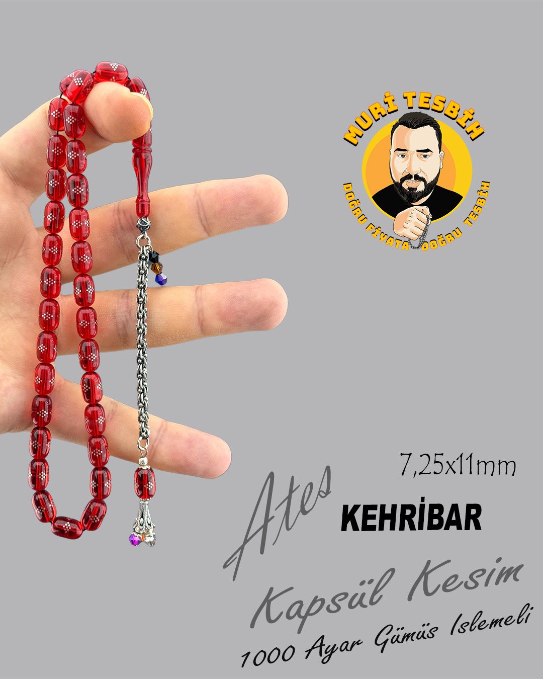 1000 AYAR GÜMÜŞ İŞLEME ATEŞ KEHRİBAR TESBİH KAPSÜL KESİM 7,25X11mm