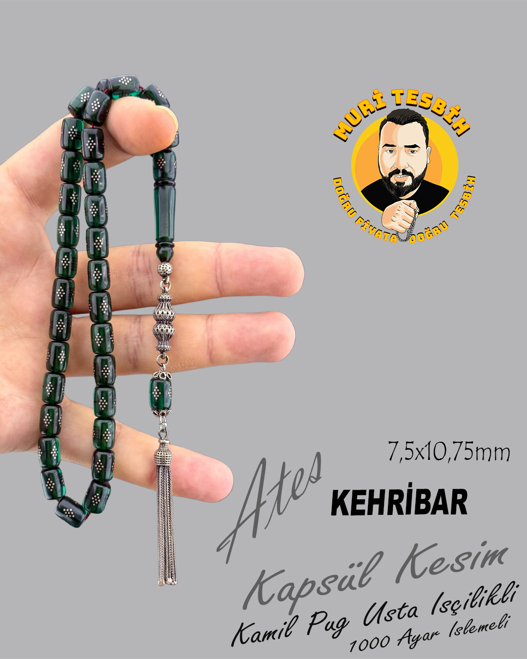 1000 AYAR İŞLEMELİ KAMİL PUĞ  ATEŞ KEHRİBAR 925 AYAR PÜSKÜL KAPSÜL KESİM 7,5X10,75mm