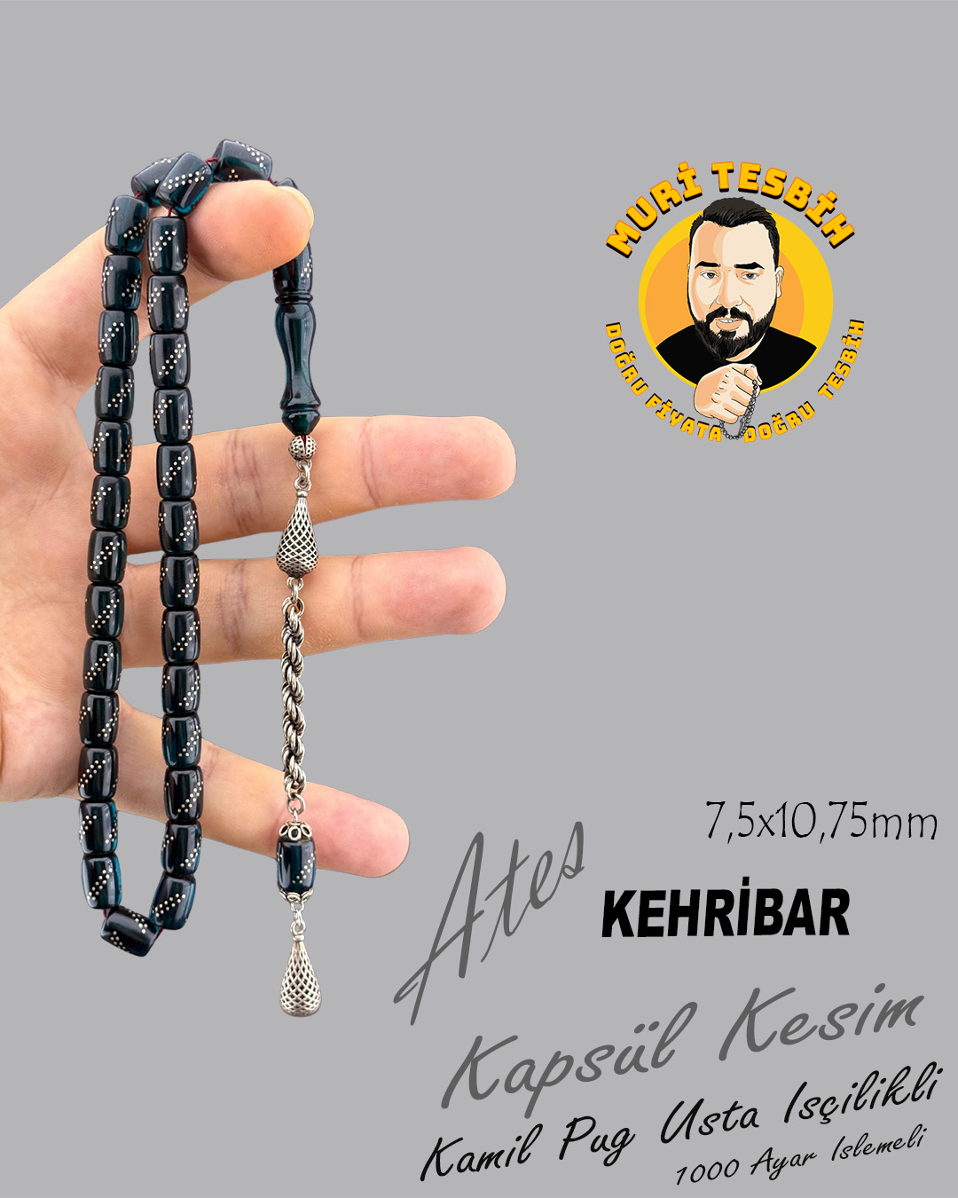 1000 AYAR İŞLEMELİ KAMİL PUĞ  ATEŞ KEHRİBAR 925 AYAR PÜSKÜL KAPSÜL KESİM 7,5X10,75mm