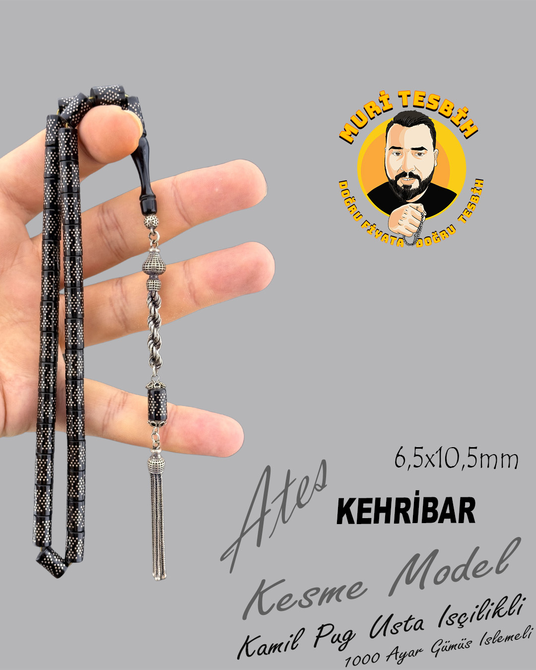 1000 AYAR İŞLEMELİ KAMİL PUĞ  ATEŞ KEHRİBAR 925 AYAR PÜSKÜL KESME KESİM 6,5X10,5mm