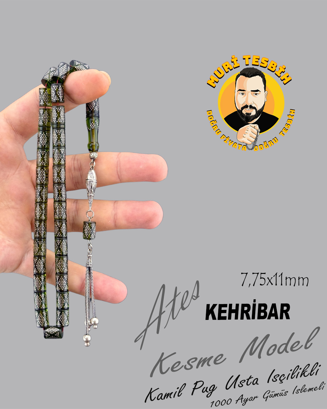 1000 AYAR İŞLEMELİ KAMİL PUĞ  ATEŞ KEHRİBAR 925 AYAR PÜSKÜL KESME KESİM 7,75X11mm