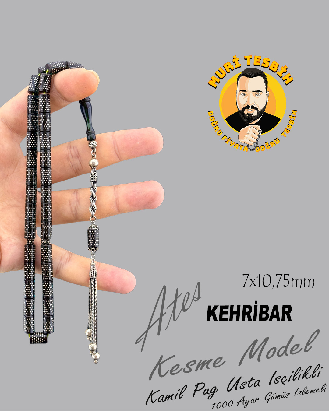 1000 AYAR İŞLEMELİ KAMİL PUĞ  ATEŞ KEHRİBAR 925 AYAR PÜSKÜL KESME KESİM 7X10,75mm