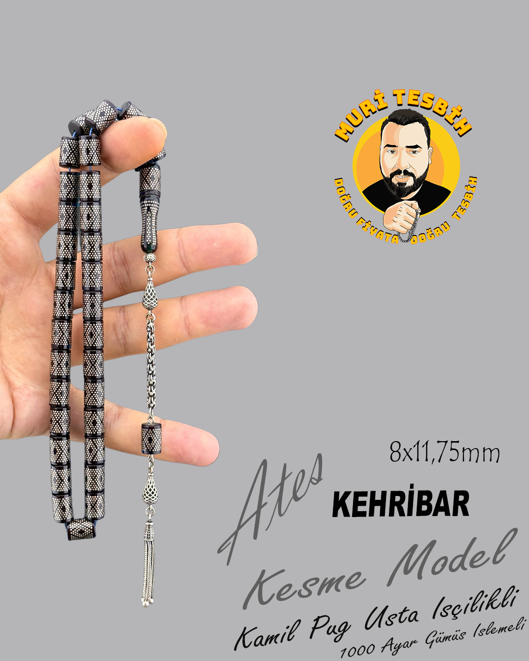 1000 AYAR İŞLEMELİ KAMİL PUĞ  ATEŞ KEHRİBAR 925 AYAR PÜSKÜL KESME KESİM 8X11,75mm