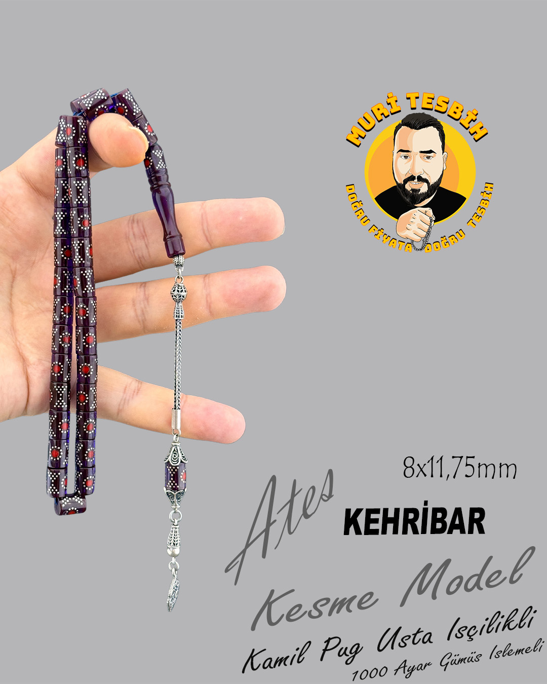 1000 AYAR İŞLEMELİ KAMİL PUĞ  ATEŞ KEHRİBAR 925 AYAR PÜSKÜL KESME KESİM 8X11,75mm