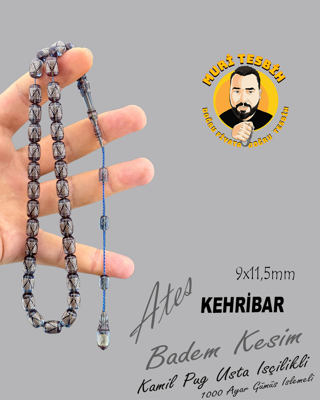 1000 AYAR İŞLEMELİ KAMİL PUĞ  ATEŞ KEHRİBAR TESBİH BADEM KESİM 9X11,5mm