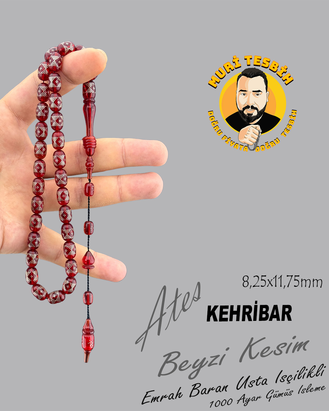 EMRAH BARAN ATEŞ KEHRİBAR 1000 AYAR GÜMÜŞ İŞLEME BEYZİ KESİM 8,25X11,75mm