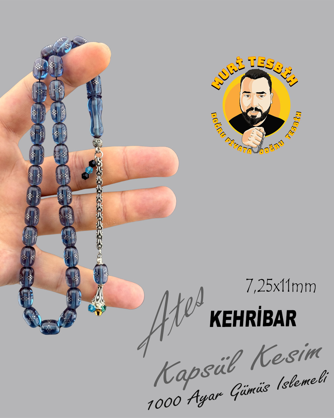 1000 AYAR GÜMÜŞ İŞLEME ATEŞ KEHRİBAR TESBİH KAPSÜL KESİM 7,25X11mm