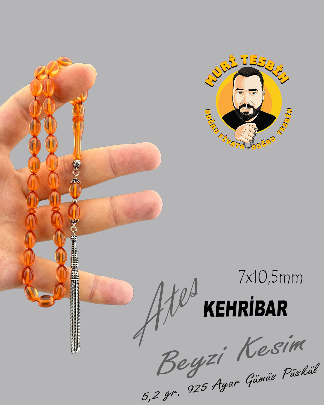 5,2 GR 925 AYAR GÜMÜŞ PÜSKÜL ATEŞ KEHRİBAR BEYZİ KESİM 7X10,50