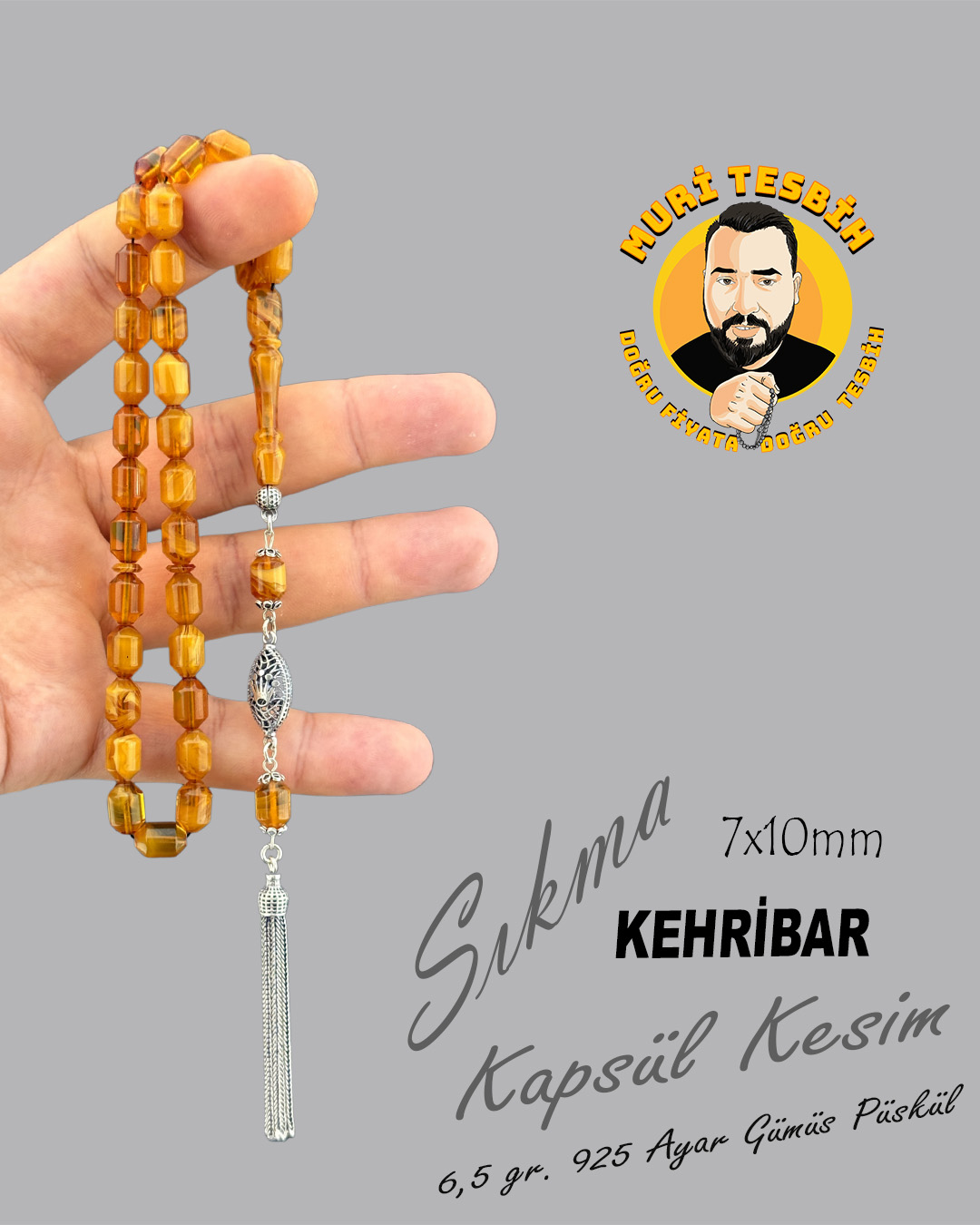 6,5 GR 925 AYAR GÜMÜŞ PÜSKÜL SIKMA KEHRİBAR KAPSÜL KESİM 7X10