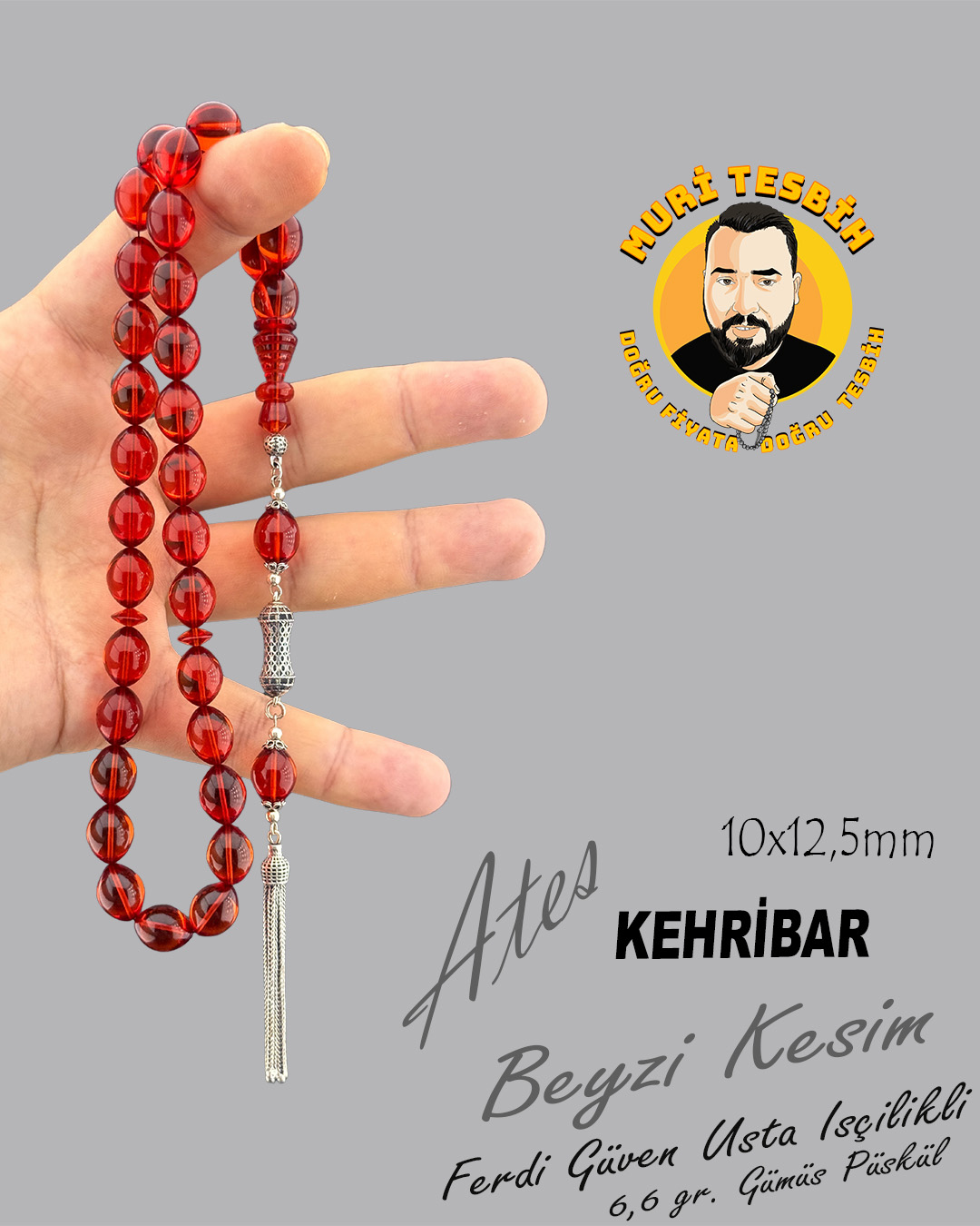 6,6 GR 925 AYAR GÜMÜŞ PSÜKÜL FERDİ GÜVEN ATEŞ KEHRİBAR BEYZİ KESİM 10X12,50