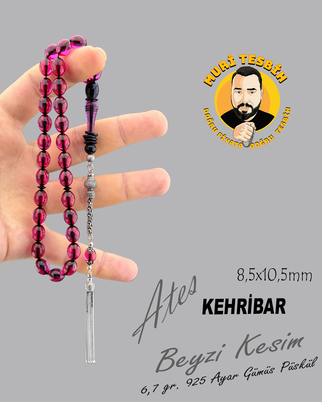 6,7 GR 925 AYAR GÜMÜŞ PÜSKÜL ATEŞ KEHRİBAR BEYZİ KESİM 8,50X10,50