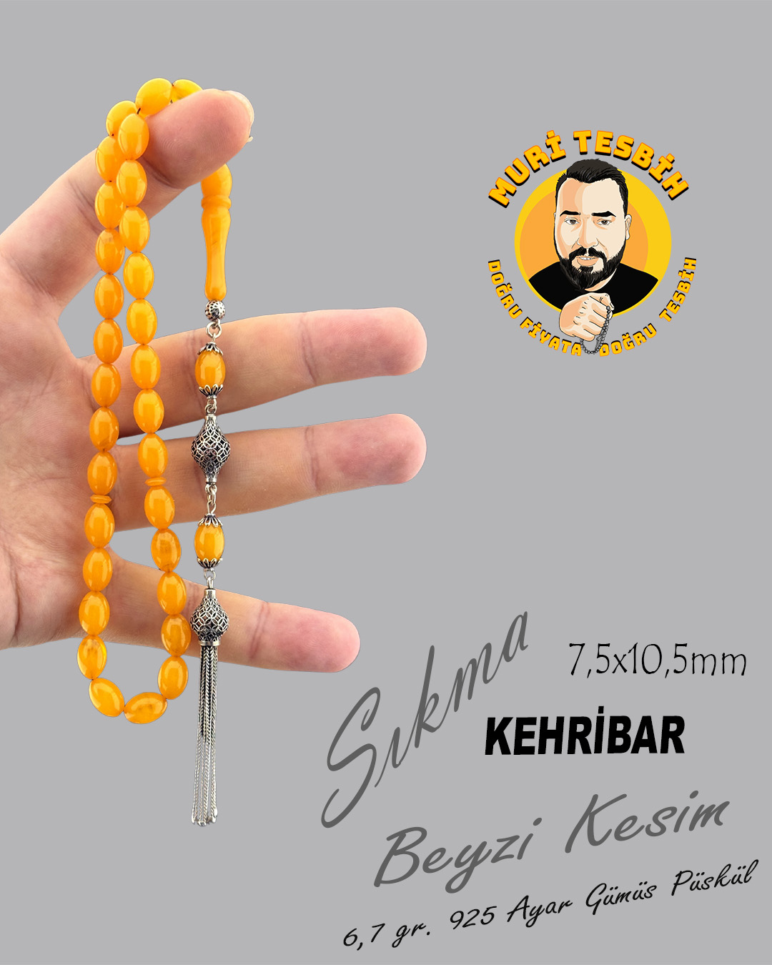 6,7 GR 925 AYAR GÜMÜŞ PÜSKÜL SIKMA KEHRİBAR BEYZİ KESİM 7,50X10,50