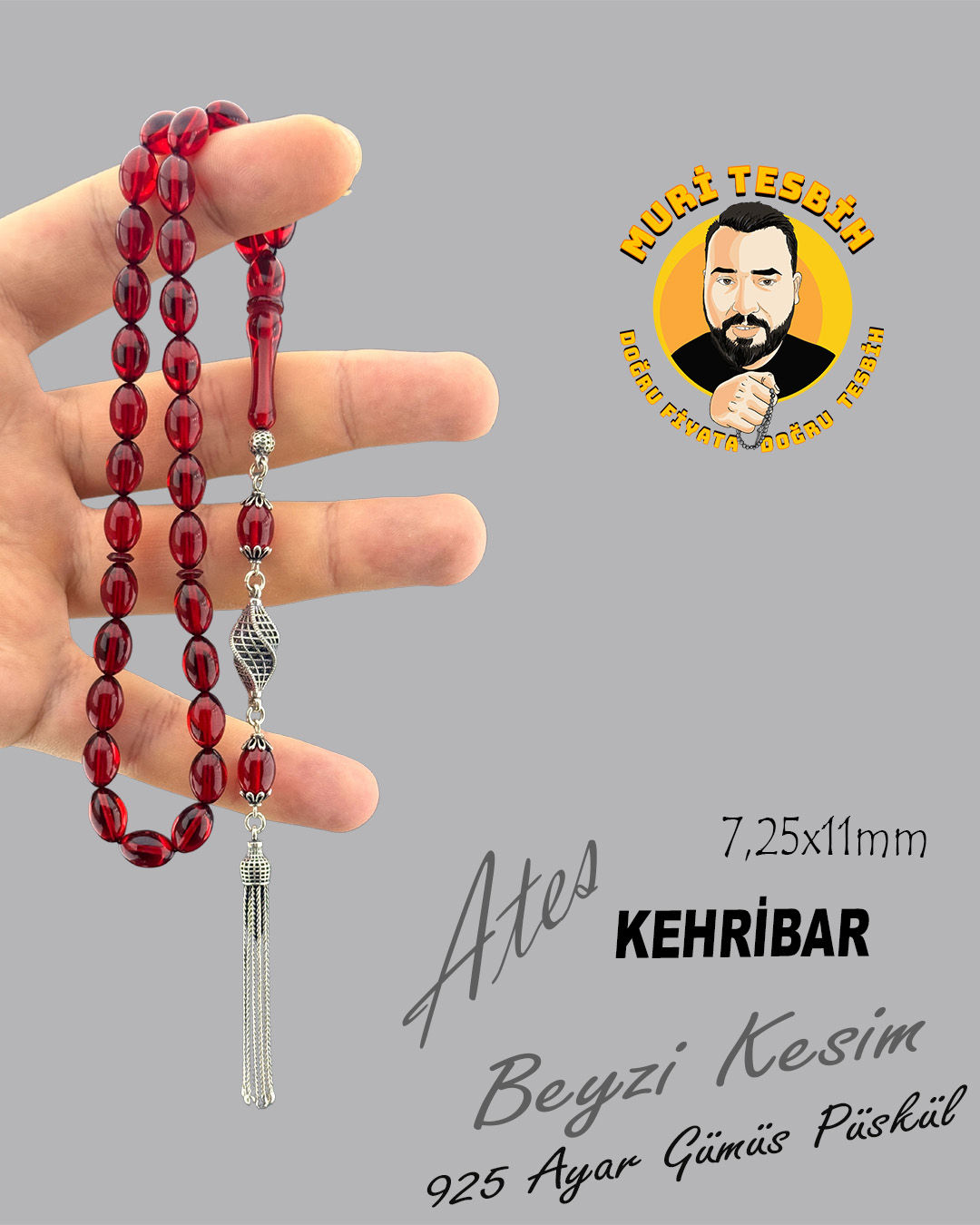 925 AYAR GÜMÜŞ PÜSKÜLLÜ ATEŞ KEHRİBAR TEBİH BEYZE KESİM 7,25X11mm