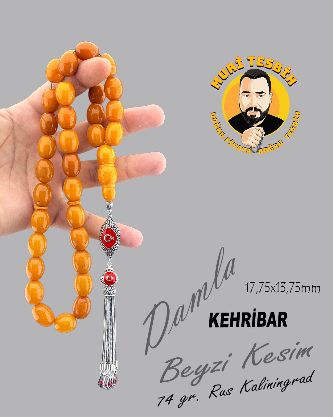 74 GR RUS KALİNİNGRAD DAMLA KEHRİBAR SECCAR 925 AYAR PÜSKÜL PÜSKÜL BEYZİ KESİM 17.75X13.75mm