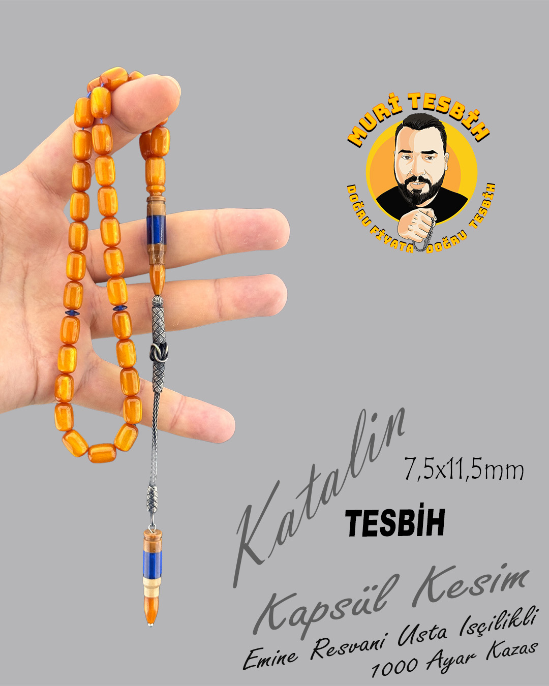 EMİNE REŞVANİ 1000 AYAR GÜMÜŞ PÜSKÜLLÜ KATALİN TESBİH KAPSÜL KESİM 7,5X11,5mm