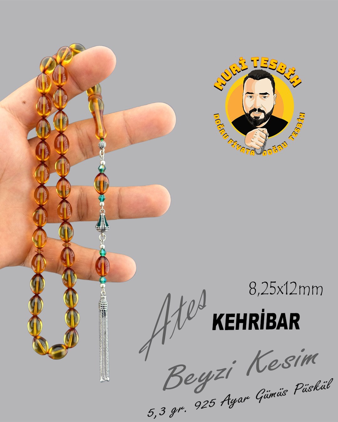 5,3 GR 925 AYAR GÜMÜŞ PÜSKÜL M.S.G ATEŞ KEHRİBAR BEYZİ KESİM 8,25X12