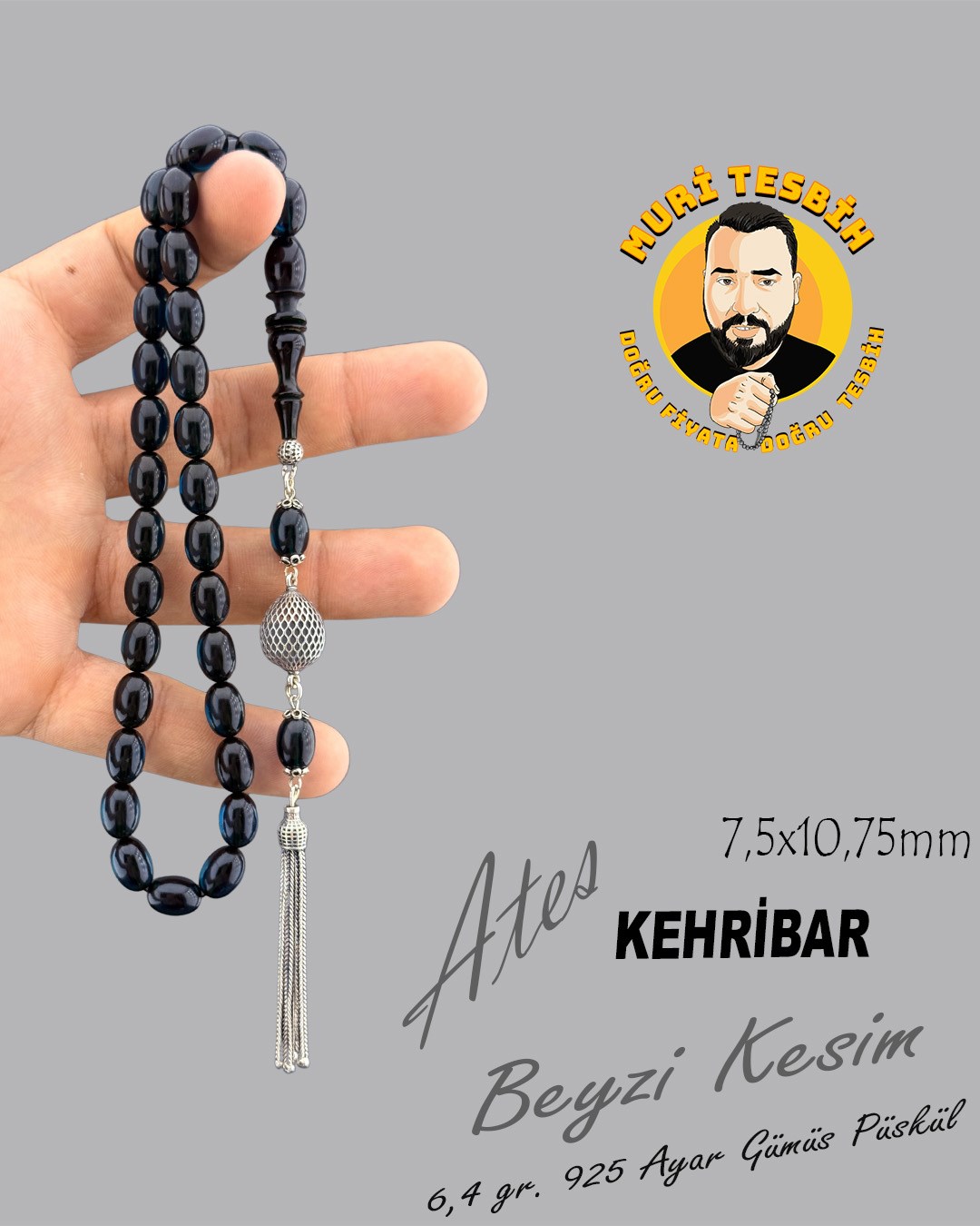 6,4 GR 925 AYAR GÜMÜŞ PÜSKÜL M.S.G ATEŞ KEHRİBAR BEYZİ KESİM 7,50X10,75