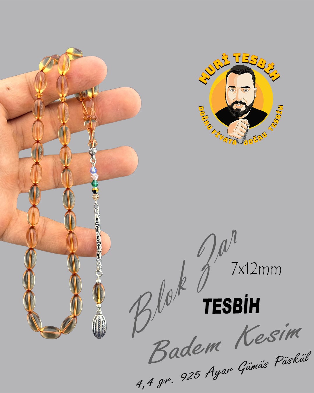 4,4 GR 925 AYAR GÜMÜŞ PÜSKÜL M.E.C BLOK ZAR BADEM KESİM 7X12