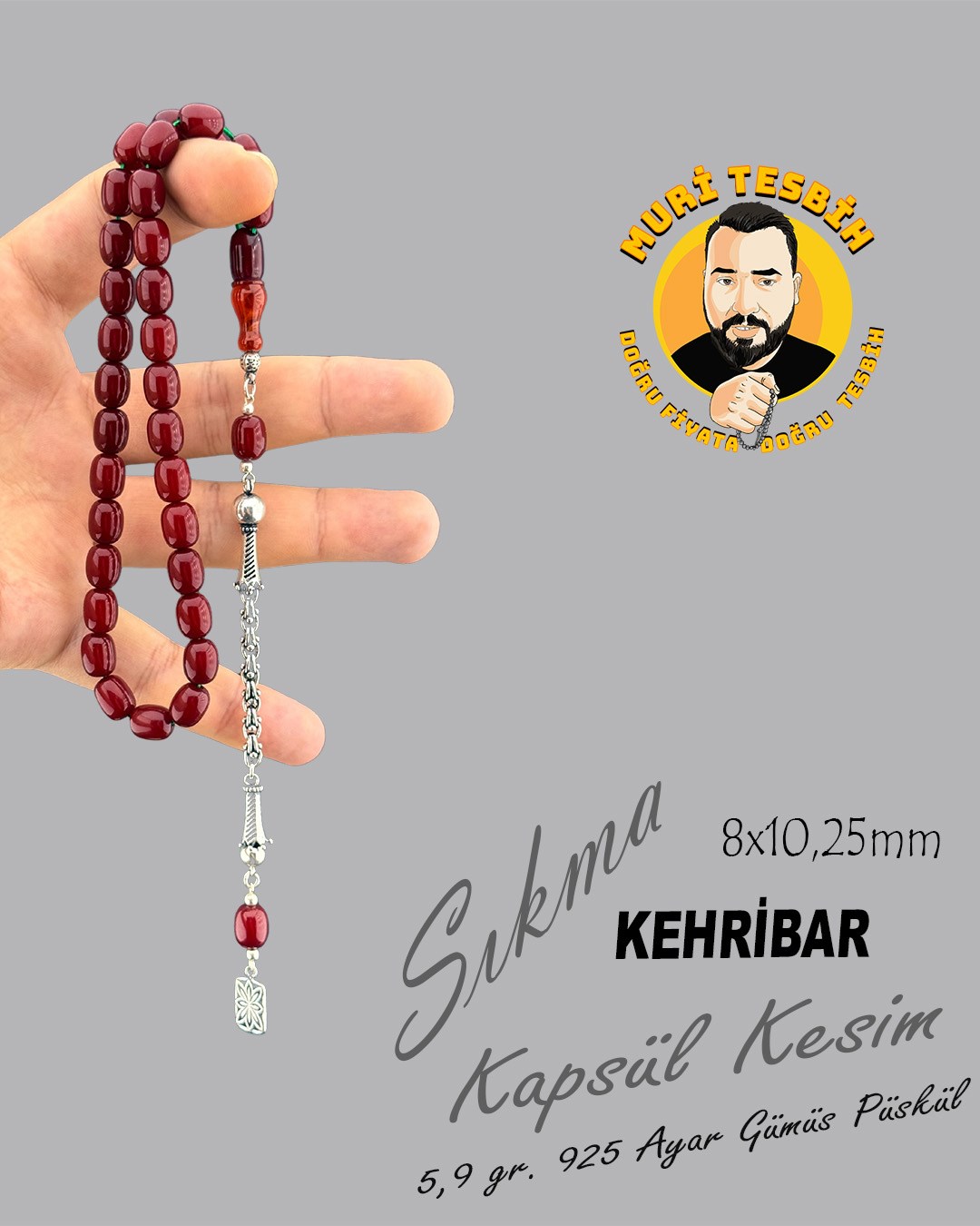 5,9 GR 925 AYAR GÜMÜŞ PÜSKÜL SIKMA KEHRİBAR KAPSÜL KESİM 8X10,25